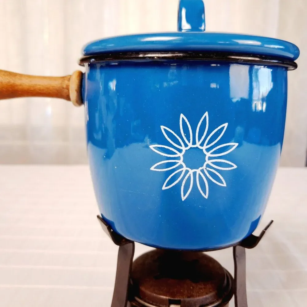 Vintage Sterno Country Cookery Bayberry Blue Enamel Covered Sauce Server